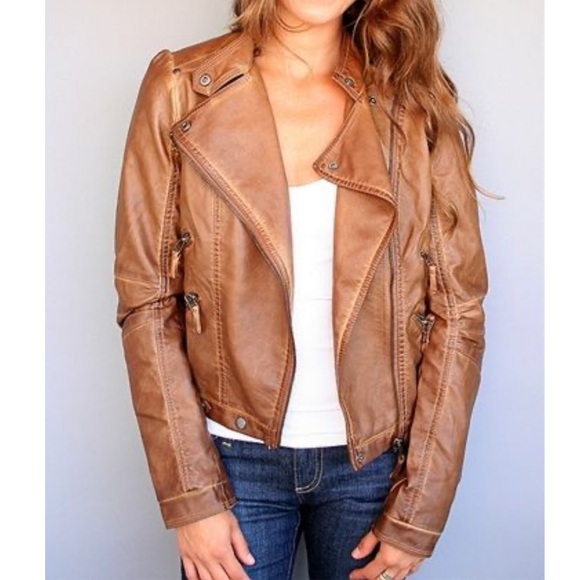 Blu Pepper Faux Brown Leather Moto Jacket Ladies Large - Picture 1 of 16